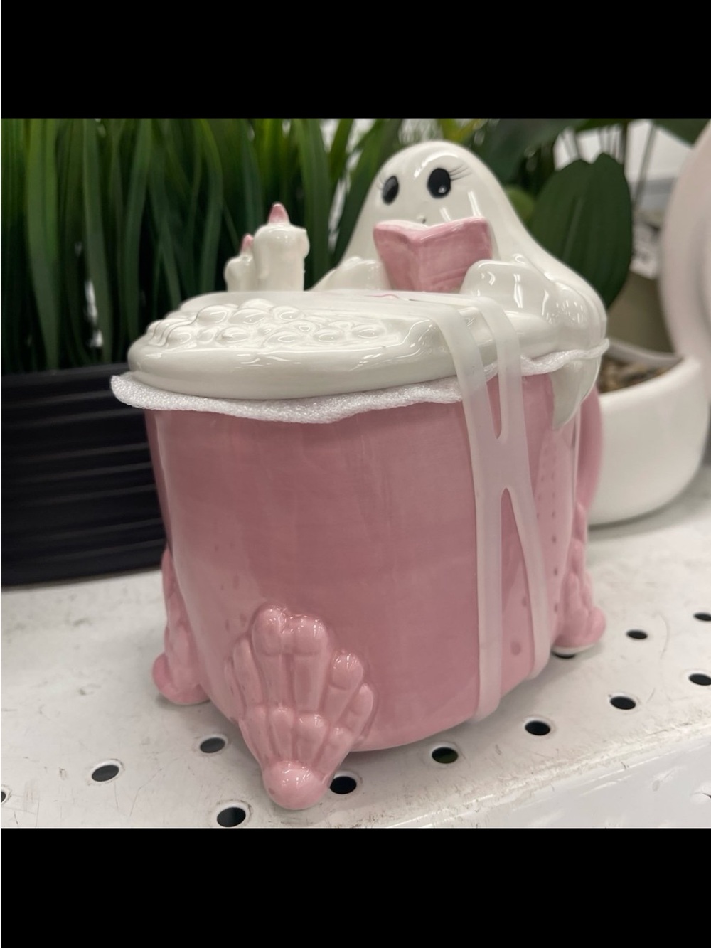 Halloween Ghost Relaxing in Pink Bubble Bathtub Mug with Lid NEW Booville 18oz